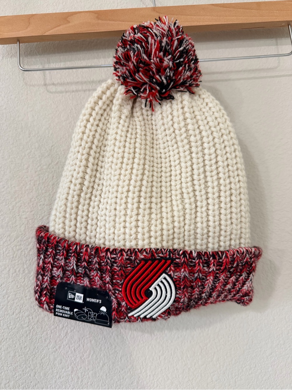 New Era Cream Beanie with Red & Black Pom - Portland Trail Blazers